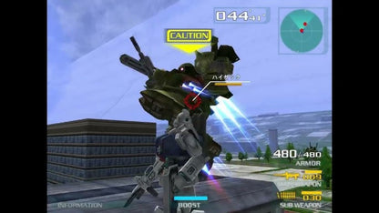 Retro Mobile Suit Gundam Federation vs Zeon PS2 inspired design featuring classic anime mech combat aesthetic vintage PlayStation 2 giant robot warfare Earth Federation versus Zeon mobile suit battles arcade action sci fi military gameplay nostalgic Gundam presentation gameplay