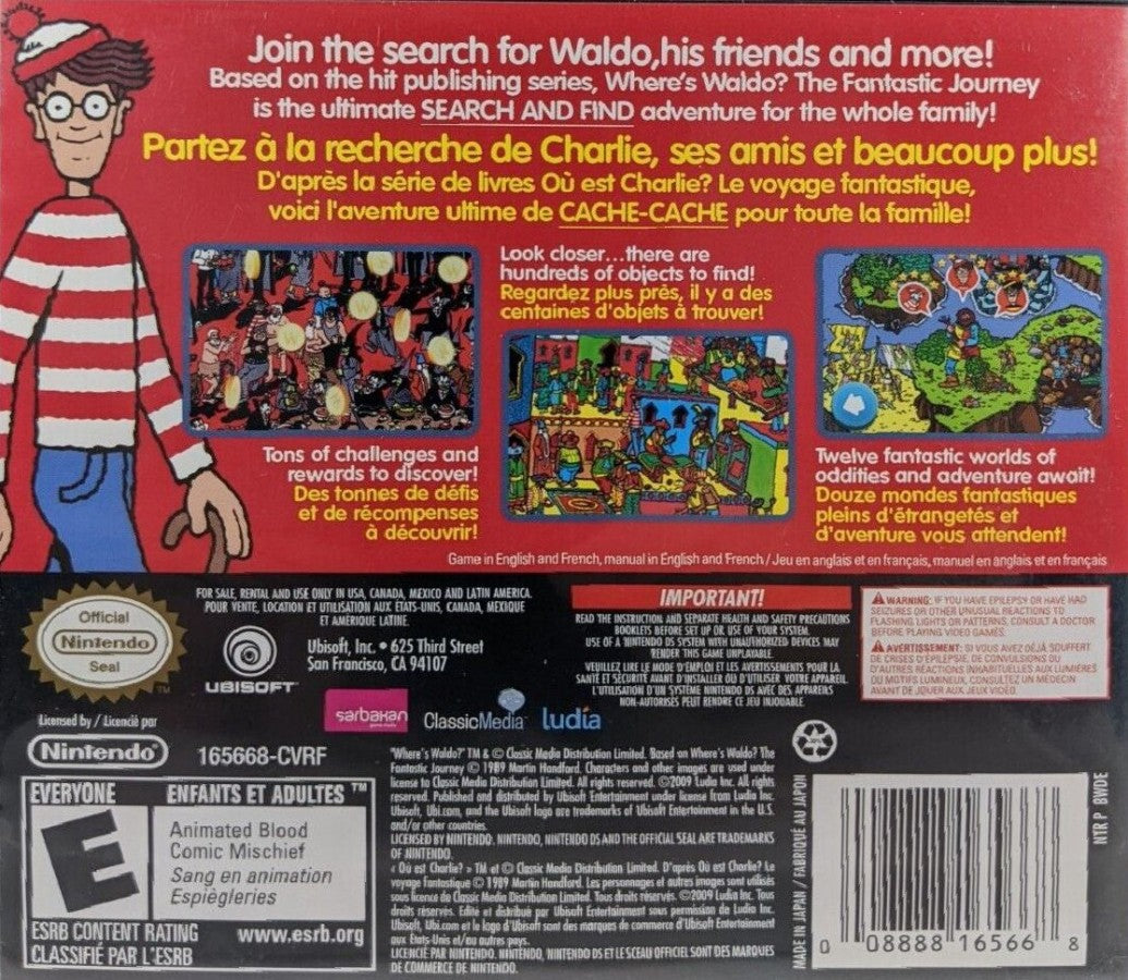 Where's Waldo The Fantastic Journey Nintendo DS for puzzle adventure video game fans featuring hidden object gameplay colorful storybook environments touch screen controls brain teasing challenges family friendly fun observation skills classic Where's Waldo characters collectible gaming appeal back cover art