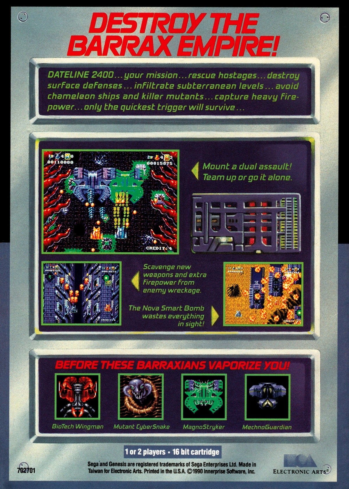 Battle Squadron Sega Genesis GEN for shoot em up video game fans featuring intense space combat enemy spacecraft waves power ups weapon upgrades challenging stages boss battles fast paced arcade action and classic Sega Genesis gameplay collectible retro gaming appeal back cover art