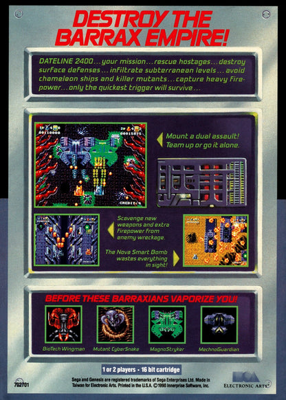 Battle Squadron Sega Genesis GEN for shoot em up video game fans featuring intense space combat enemy spacecraft waves power ups weapon upgrades challenging stages boss battles fast paced arcade action and classic Sega Genesis gameplay collectible retro gaming appeal back cover art