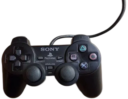 Official Sony DualShock 2 wired controller for PlayStation 2 featuring analog sticks, directional pad, four action buttons, and dual shoulder buttons