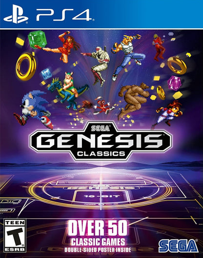 Sega Genesis Classics for PlayStation 4, cover image for a retro game collection video game with classic Sega titles, arcade action, platforming, multiplayer favorites, and nostalgic gameplay