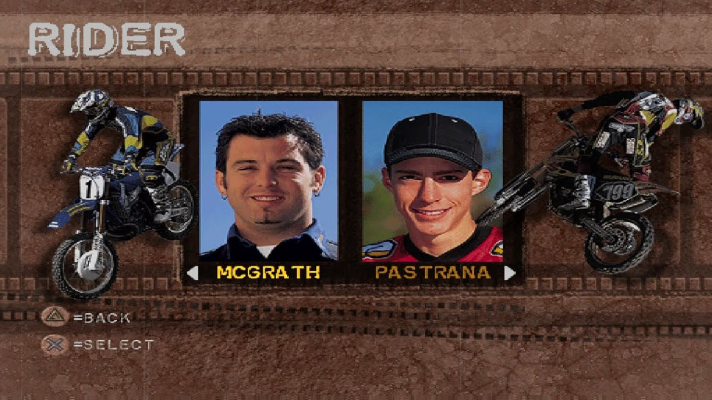Freestyle Motocross McGrath vs. Pastrana PlayStation 1 PS1 video game, motocross racing and freestyle stunts, extreme sports action, classic console title character select