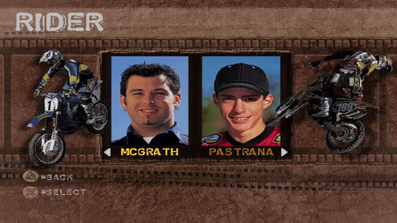 Freestyle Motocross McGrath vs. Pastrana PlayStation 1 PS1 video game, motocross racing and freestyle stunts, extreme sports action, classic console title character select
