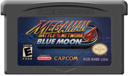 MegaMan Battle Network 4 Blue Moon cartridge for the Game Boy Advance featuring action RPG gameplay with real time grid based battles chip customization story driven missions and MegaMan battling cyber threats in a futuristic world cartridge 