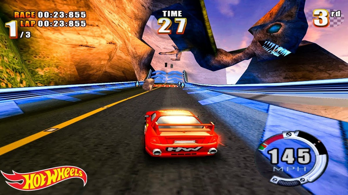 Hot Wheels Stunt Track Challenge PlayStation 2 PS2 for retro video game enthusiasts featuring arcade racing gameplay high speed stunt driving loop and ramp challenges customizable Hot Wheels cars physics based tricks competitive racing modes and collectible gaming appeal gameplay