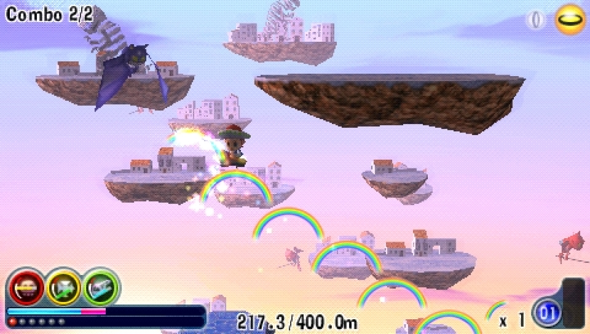 Rainbow Islands Evolution PSP inspired design featuring colorful fantasy platform adventure aesthetic classic arcade inspired gameplay magical rainbow powers whimsical worlds charming characters vibrant retro action handheld gaming presentation gameplay 