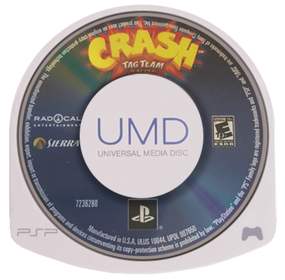 Crash Tag Team Racing PlayStation Portable PSP for retro video game enthusiasts featuring arcade kart racing gameplay Crash Bandicoot characters vehicle merging mechanics colorful tracks power ups multiplayer action and collectible gaming appeal disc