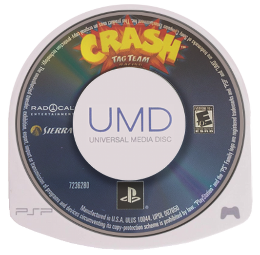 Crash Tag Team Racing PlayStation Portable PSP for retro video game enthusiasts featuring arcade kart racing gameplay Crash Bandicoot characters vehicle merging mechanics colorful tracks power ups multiplayer action and collectible gaming appeal disc