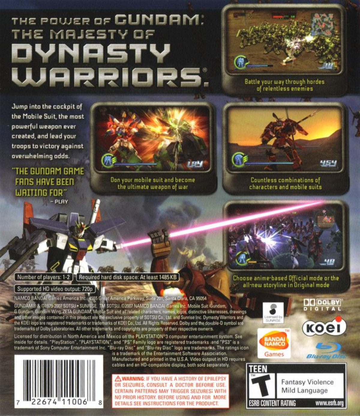 Dynasty Warriors Gundam 3 PlayStation 3 PS3 video game, action hack-and-slash, large-scale mecha battles, Gundam franchise console title back cover