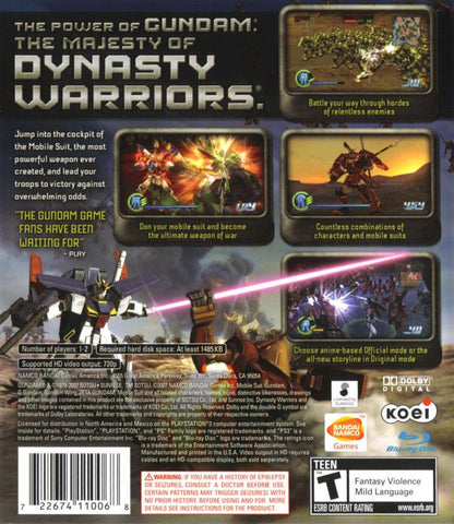 Dynasty Warriors Gundam 3 PlayStation 3 PS3 video game, action hack-and-slash, large-scale mecha battles, Gundam franchise console title back cover