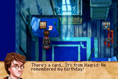 Harry Potter and the Prisoner of Azkaban for Game Boy Advance, gameplay for a role-playing video game with turn-based combat, spell casting, exploration, and wizarding world adventure