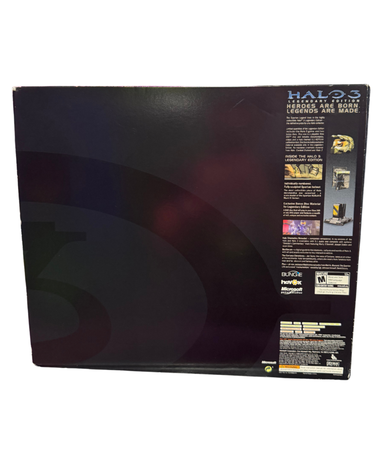 Halo 3 Legendary Edition Factory Sealed Xbox 360 for video game enthusiasts featuring iconic first person shooter gameplay Master Chief sci fi combat campaign missions multiplayer battles Covenant enemies limited edition collectibles factory sealed packaging and collectible gaming appeal back of box