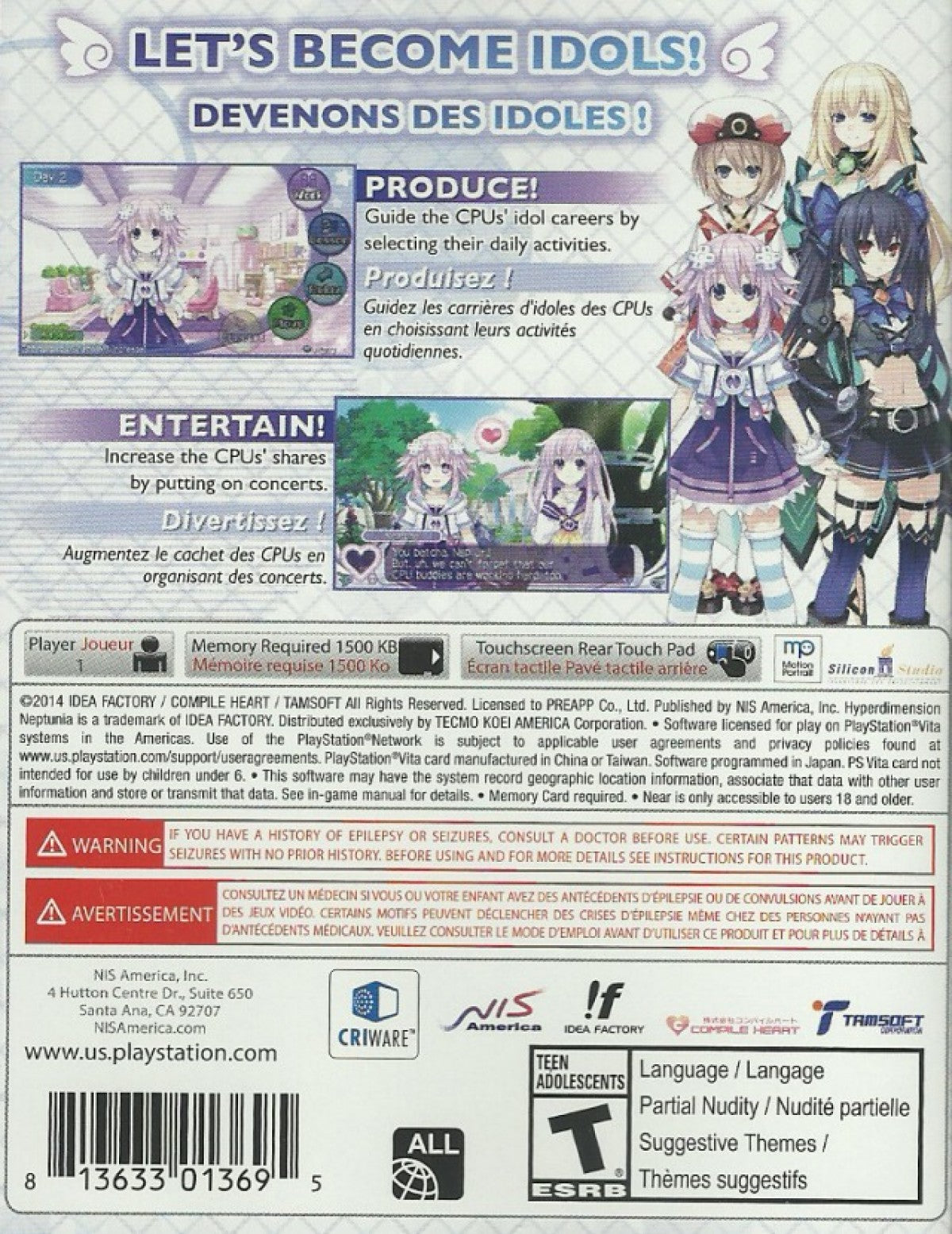 Hyperdimension Neptunia Producing Perfection PS Vita game featuring idol management simulation gameplay, anime-style visuals, and character-driven JRPG storytelling back cover art