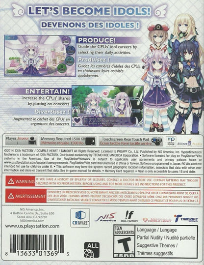 Hyperdimension Neptunia Producing Perfection PS Vita game featuring idol management simulation gameplay, anime-style visuals, and character-driven JRPG storytelling back cover art