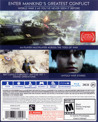 Battlefield V back of case for PlayStation 4 (PS4) World War II first-person shooter video game