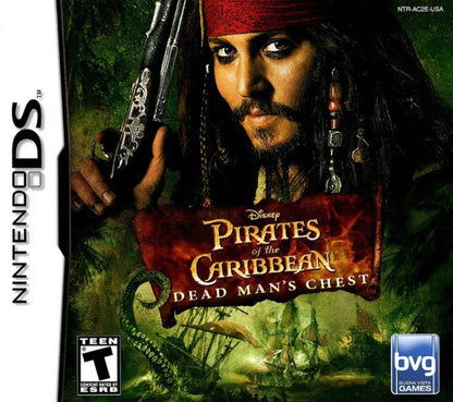 Pirates of the Caribbean Dead Man's Chest Nintendo DS DS video game featuring pirate action adventure gameplay Captain Jack Sparrow ocean exploration sword fighting ship battles treasure hunting enemy encounters island missions swashbuckling combat movie inspired storyline and classic Nintendo DS handheld adventure retro video game collection collectible gaming appeal front cover art