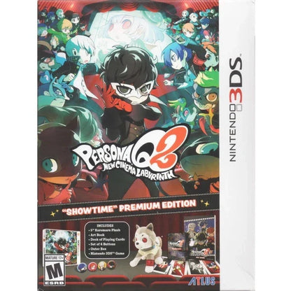 Persona Q2 New Cinema Labyrinth Showtime Premium Edition Nintendo 3DS for retro video game enthusiasts featuring dungeon crawling role playing gameplay turn based combat beloved Persona characters collectible premium edition content immersive storytelling and collectible gaming appeal box front