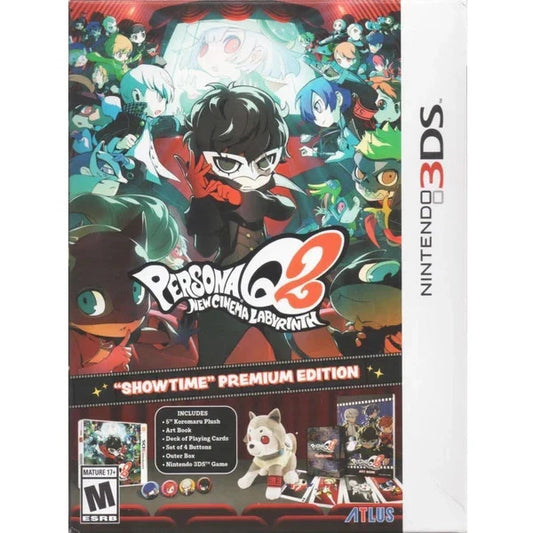 Persona Q2 New Cinema Labyrinth Showtime Premium Edition Nintendo 3DS for retro video game enthusiasts featuring dungeon crawling role playing gameplay turn based combat beloved Persona characters collectible premium edition content immersive storytelling and collectible gaming appeal box front