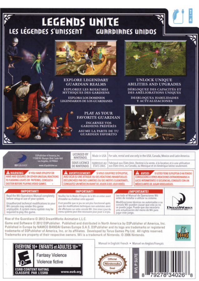 Rise of the Guardians – Nintendo Wii (Wii) action-adventure fantasy family video game back of case