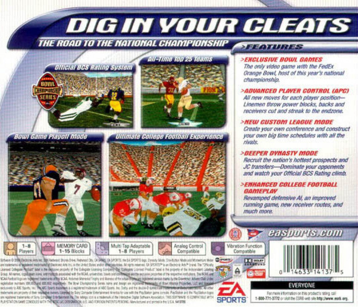 NCAA Football 2001 PlayStation 1 PS1 video game, college football sports simulation, realistic gameplay, team management and multiplayer modes, console title back cover