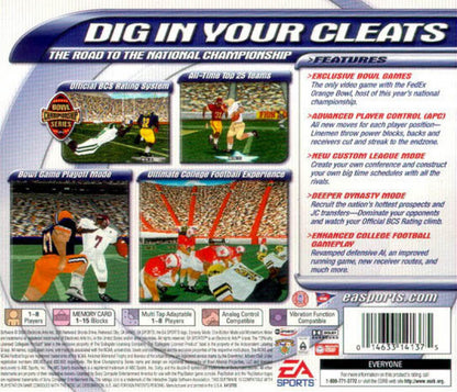 NCAA Football 2001 PlayStation 1 PS1 video game, college football sports simulation, realistic gameplay, team management and multiplayer modes, console title back cover