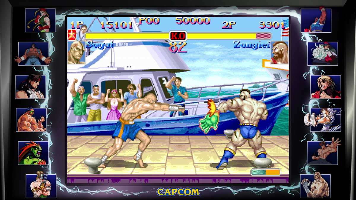 Street Fighter 30th Anniversary Collection PEGI rated PlayStation 4 fighting game compilation twelve classic arcade titles Street Fighter I Street Fighter II series Street Fighter Alpha series Street Fighter III series arcade perfect ports online multiplayer training museum mode Capcom fighting legacy collection gameplay screenshot