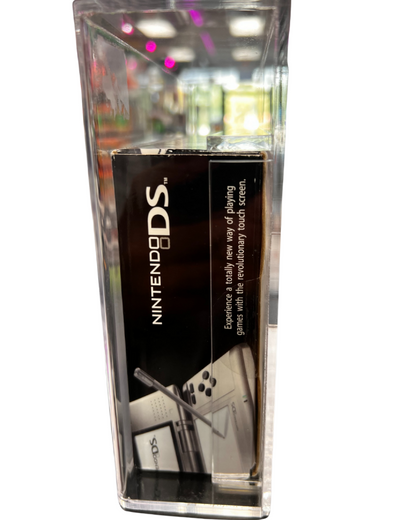 Side view of a sealed, VGA-graded Nintendo DS system encased in a clear acrylic display box with grading label attached at the top.
