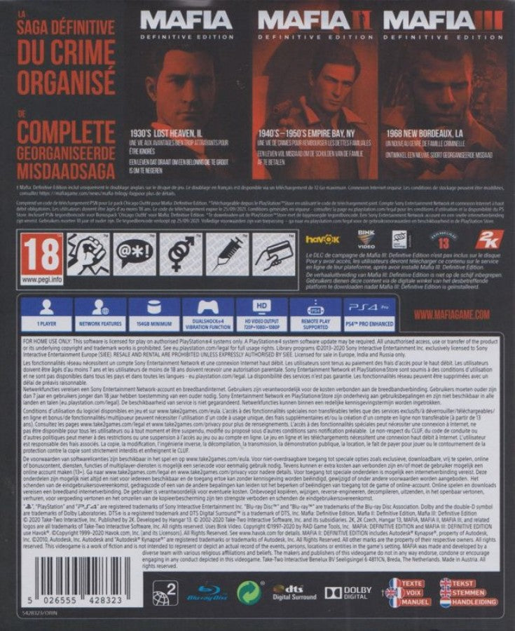 Mafia Trilogy [PAL Import] back cover art for PlayStation 4 (PS4) video game. 