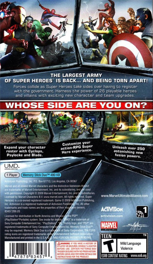 Marvel Ultimate Alliance PlayStation Portable PSP for retro video game enthusiasts featuring action role playing gameplay iconic Marvel superheroes team based combat character abilities comic book inspired story missions cooperative style action and collectible gaming appeal back cover art