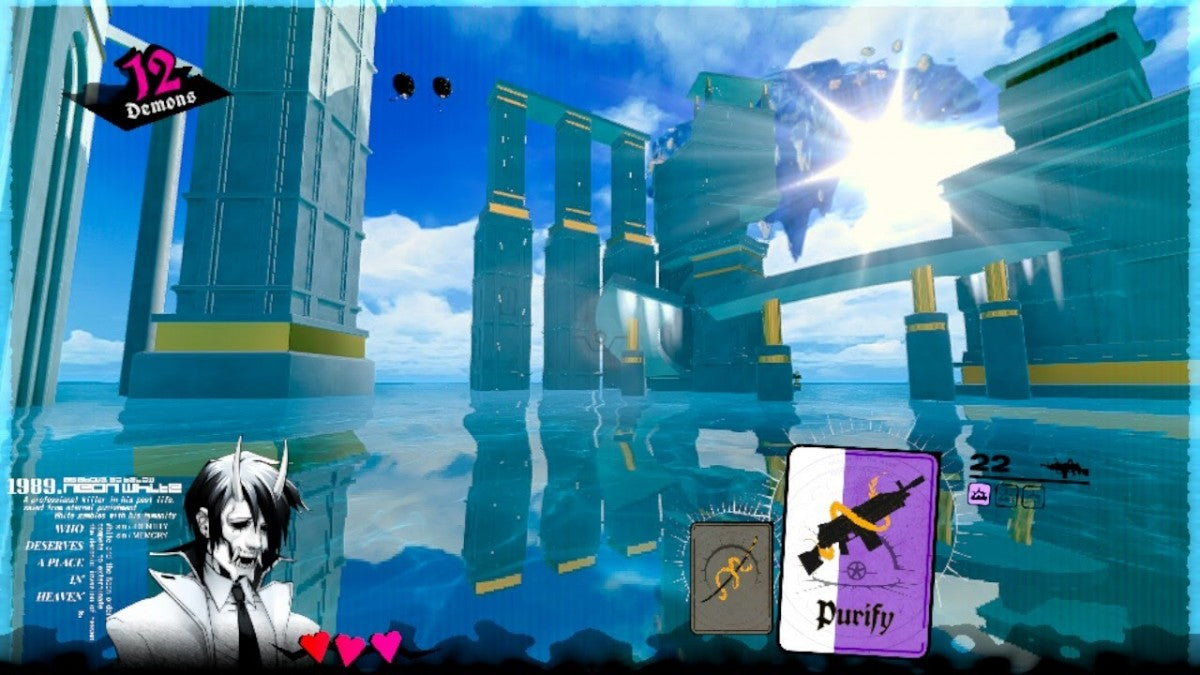 Neon White Nintendo Switch inspired design featuring fast paced first person action platformer aesthetic speedrunning challenges stylish card based abilities heavenly urban environments precision movement competitive gameplay and anime inspired storytelling presentation gameplay 