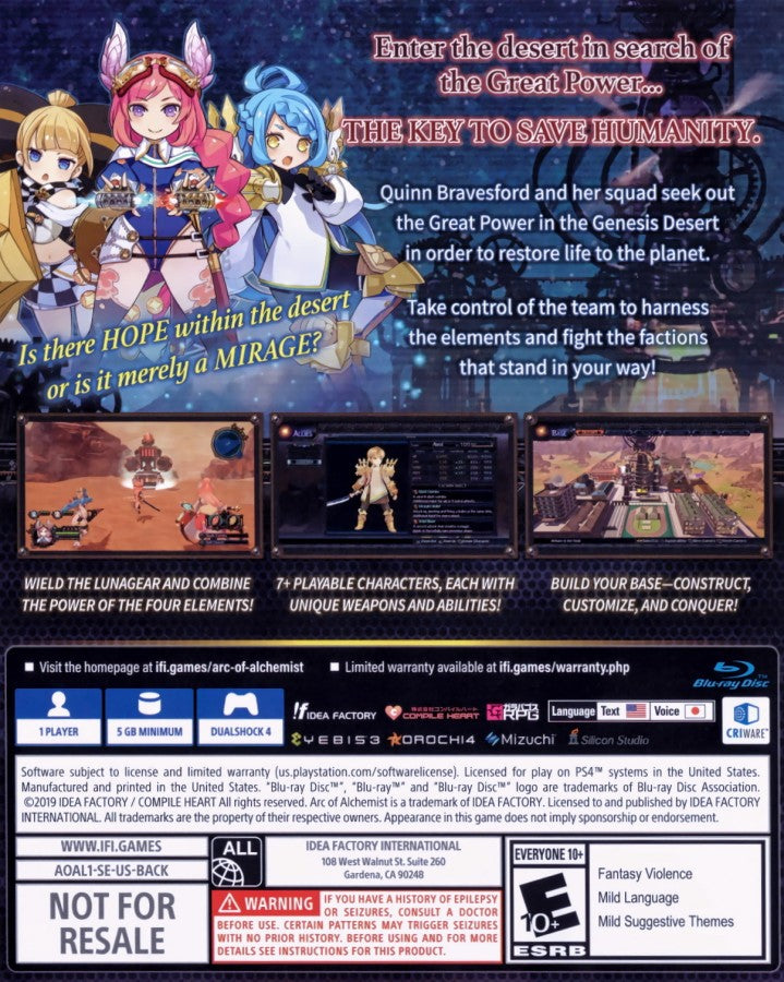 Arc of Alchemist for PlayStation 4 action RPG featuring desert exploration real time combat character switching and anime style story driven gameplay back cover