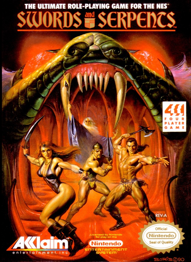 Swords and Serpents Nintendo Entertainment System NES for retro video game enthusiasts featuring classic dungeon crawling role playing gameplay first person exploration turn based inspired combat character progression fantasy adventure and collectible gaming appeal box art front