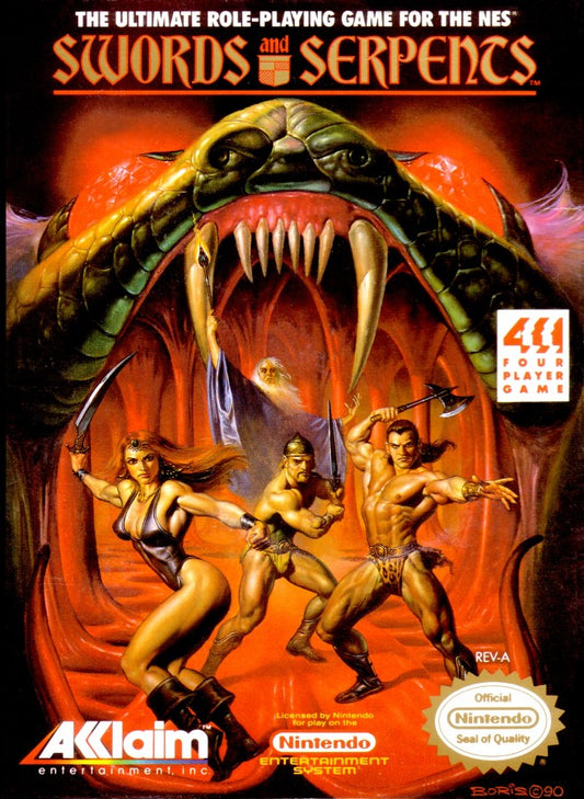 Swords and Serpents Nintendo Entertainment System NES for retro video game enthusiasts featuring classic dungeon crawling role playing gameplay first person exploration turn based inspired combat character progression fantasy adventure and collectible gaming appeal box art front