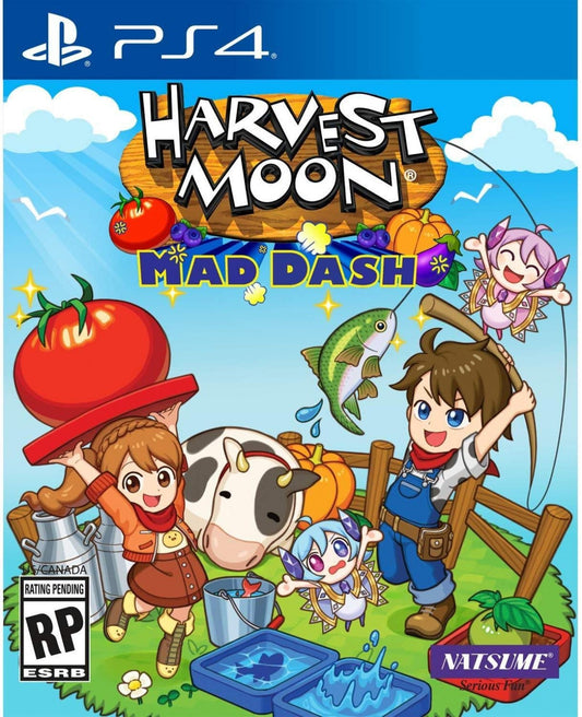 Harvest Moon: Mad Dash for PlayStation 4 (PS4) featuring a fast-paced, arcade-style farming puzzle game where you must harvest, fish, and milk cows under pressure; navigate chaotic levels solo or with friends in local co-op as you race to restore a broken lighthouse in this frantic spin-off of the classic simulation series front cover