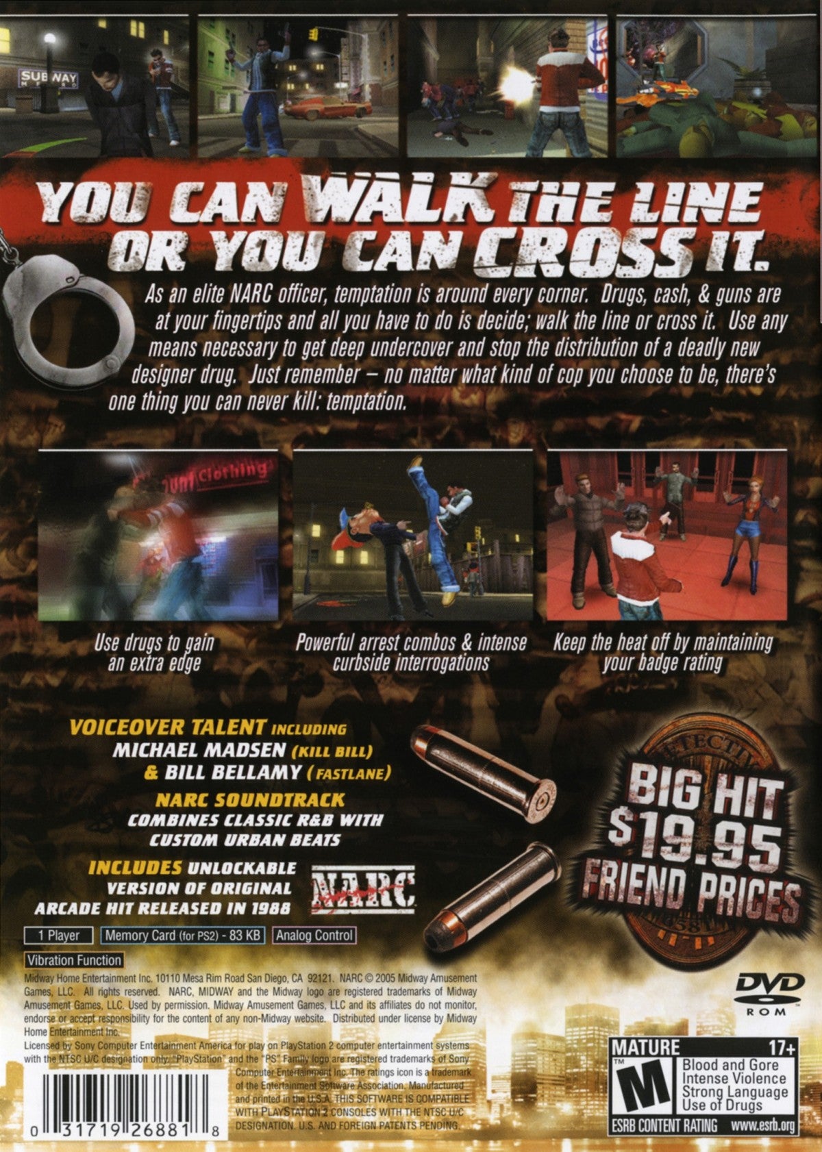 NARC PS2 Sony PlayStation 2 action shooter crime game undercover narcotics agents drug bust missions violent arcade style combat dual character gameplay Midway Games mature themed action retro gaming PlayStation 2 software video game title back cover art