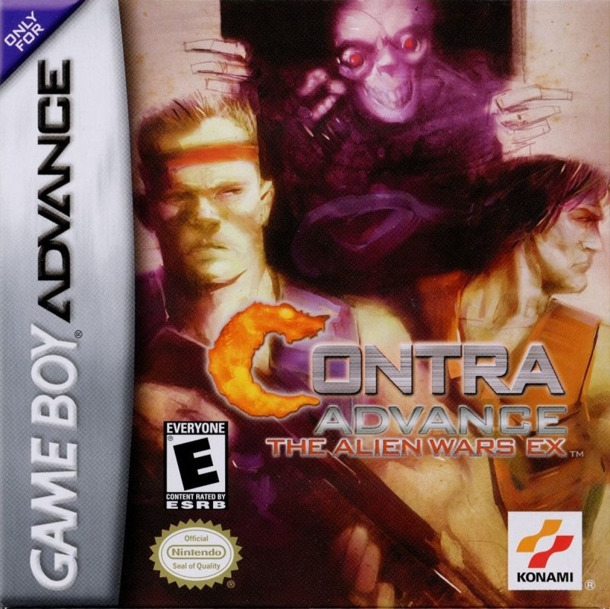 Contra Advance The Alien Wars EX for Game Boy Advance, cover image for a run-and-gun shooter video game with side-scrolling gameplay, fast-paced combat, alien enemies, and classic arcade-style action