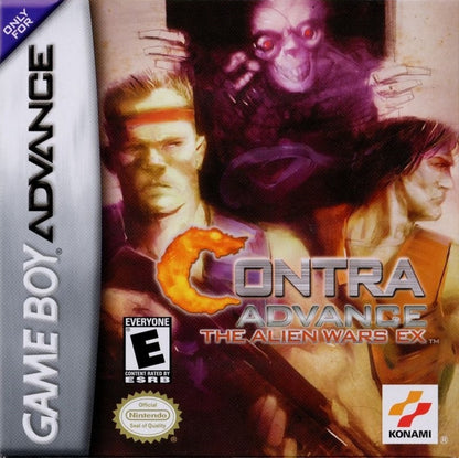 Contra Advance The Alien Wars EX for Game Boy Advance, cover image for a run-and-gun shooter video game with side-scrolling gameplay, fast-paced combat, alien enemies, and classic arcade-style action