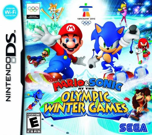 Mario & Sonic at the Olympic Winter Games for Nintendo DS, cover image for a sports party video game with winter Olympic events, mini-games, multiplayer competition, and character-based gameplay
