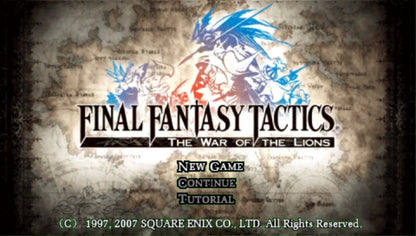 Final Fantasy Tactics: The War of the Lions [Greatest Hits] title screen for PlayStation Portable (PSP) tactical RPG video game
