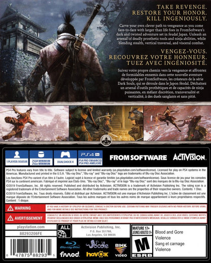 Retro Sekiro Shadows Die Twice PS4 inspired design featuring feudal Japan action adventure aesthetic shinobi stealth combat brutal sword duels mythical creatures FromSoftware gameplay intense samurai atmosphere cinematic dark fantasy presentation rear art 