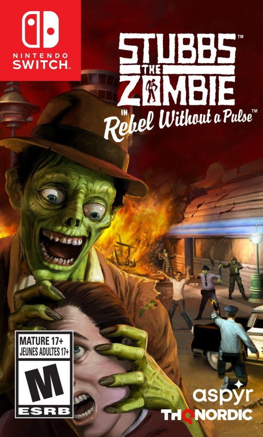 Stubbs the Zombie in Rebel Without a Pulse Nintendo Switch inspired design featuring dark comedy action adventure aesthetic quirky undead protagonist retro style city chaos zombie outbreak humor driven gameplay third person combat sandbox exploration presentation cover art