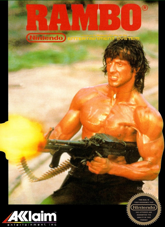 Rambo Nintendo Entertainment System NES video game featuring action adventure gameplay John Rambo military combat enemy battles weapon attacks jungle missions survival action challenging stages and classic 8 bit Nintendo gameplay retro video game collection collectible gaming appeal front cover art