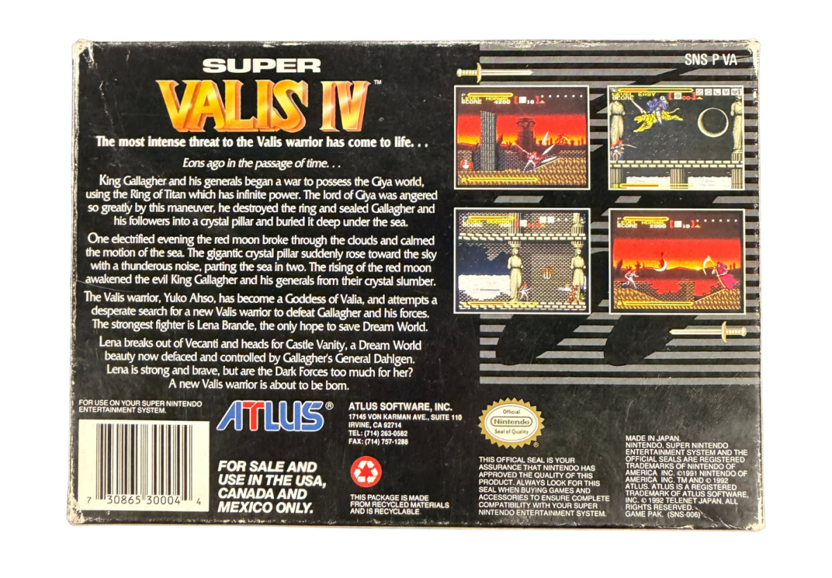 Super Valis IV Super Nintendo Entertainment System SNES retro video game action platformer featuring fantasy combat sword fighting challenging stages magical abilities enemy battles classic 16 bit graphics Super Nintendo gaming experience retro game collection appeal back cover art