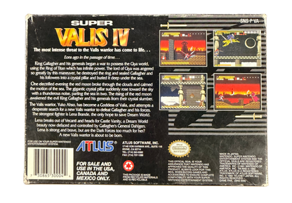 Super Valis IV Super Nintendo Entertainment System SNES retro video game action platformer featuring fantasy combat sword fighting challenging stages magical abilities enemy battles classic 16 bit graphics Super Nintendo gaming experience retro game collection appeal back cover art