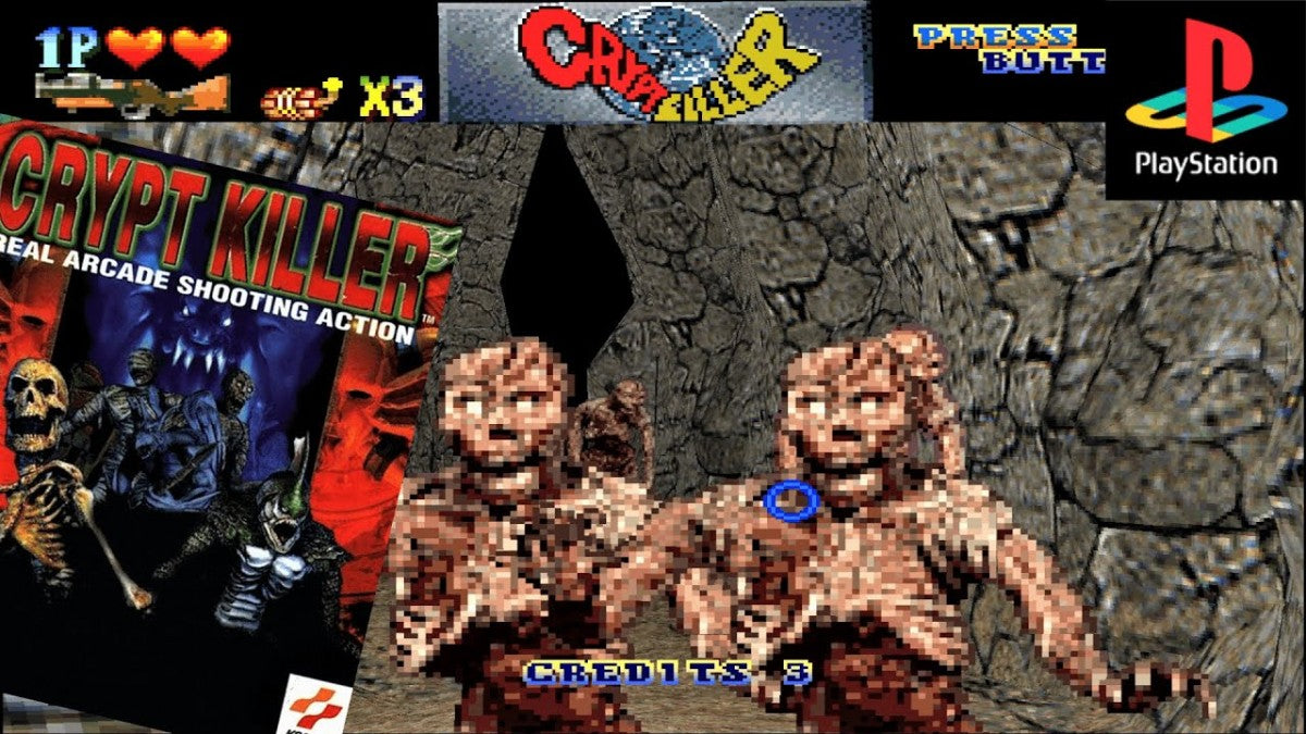 Crypt Killer PlayStation PS1 for light gun shooter video game fans featuring first person arcade style gameplay haunted mansion environments terrifying monsters cooperative multiplayer horror action fast paced shooting classic retro gaming collectible appeal gameplay