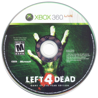 Left 4 Dead [Game of the Year][Platinum Hits] disc for Xbox 360 (X360) cooperative zombie survival first-person shooter video game
