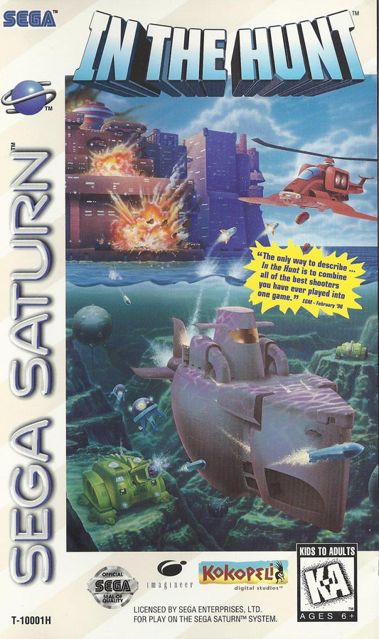 In The Hunt arcade Sega Saturn side scrolling submarine shooter underwater combat military sci fi action giant mechanical enemies explosive torpedoes Irem arcade port retro gaming Sega Saturn software video game title cover art