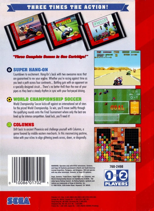 Triple Score back cover art for Sega Genesis (GEN) video game