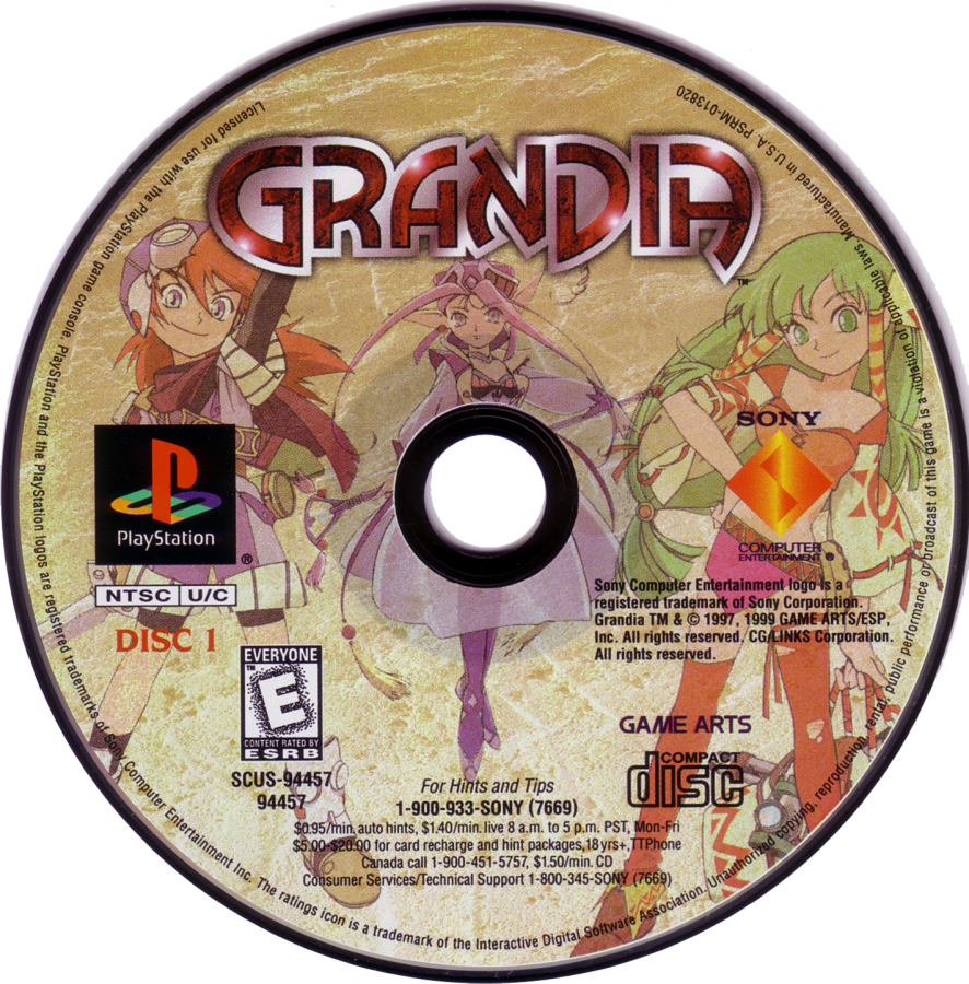 Grandia for PlayStation 1 classic JRPG featuring turn based battle system anime style story adventure exploration fantasy role playing gameplay disc 1 